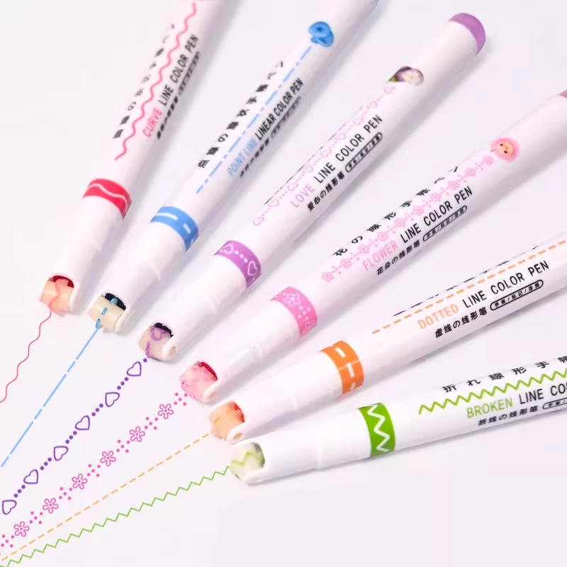 6 Roller Dual Tip Double Side Fine Line Colored Curve Pens Images