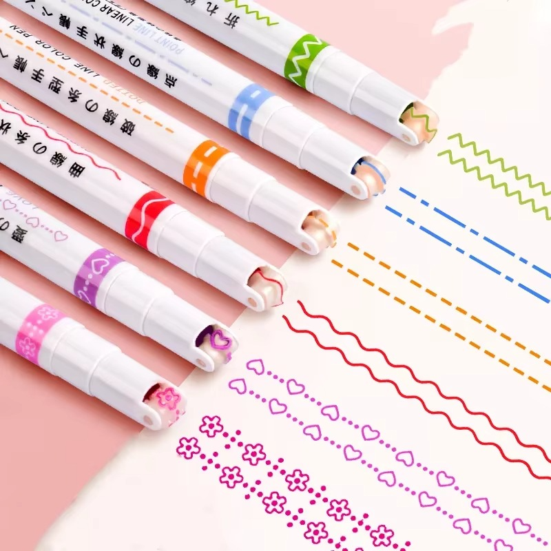 6 Roller Dual Tip Double Side Fine Line Colored Curve Pens Images