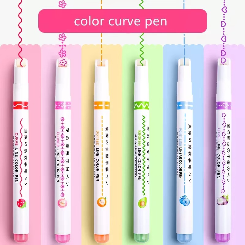6 Roller Dual Tip Double Side Fine Line Colored Curve Pens Images